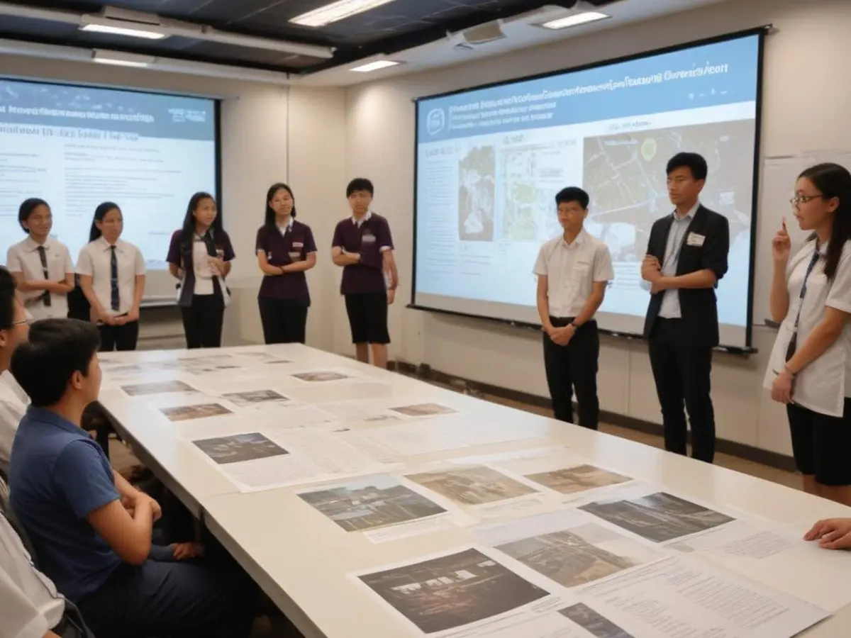 Singapore secondary school students pitching a space redesign proposal to a panel at a design thinking final presentation