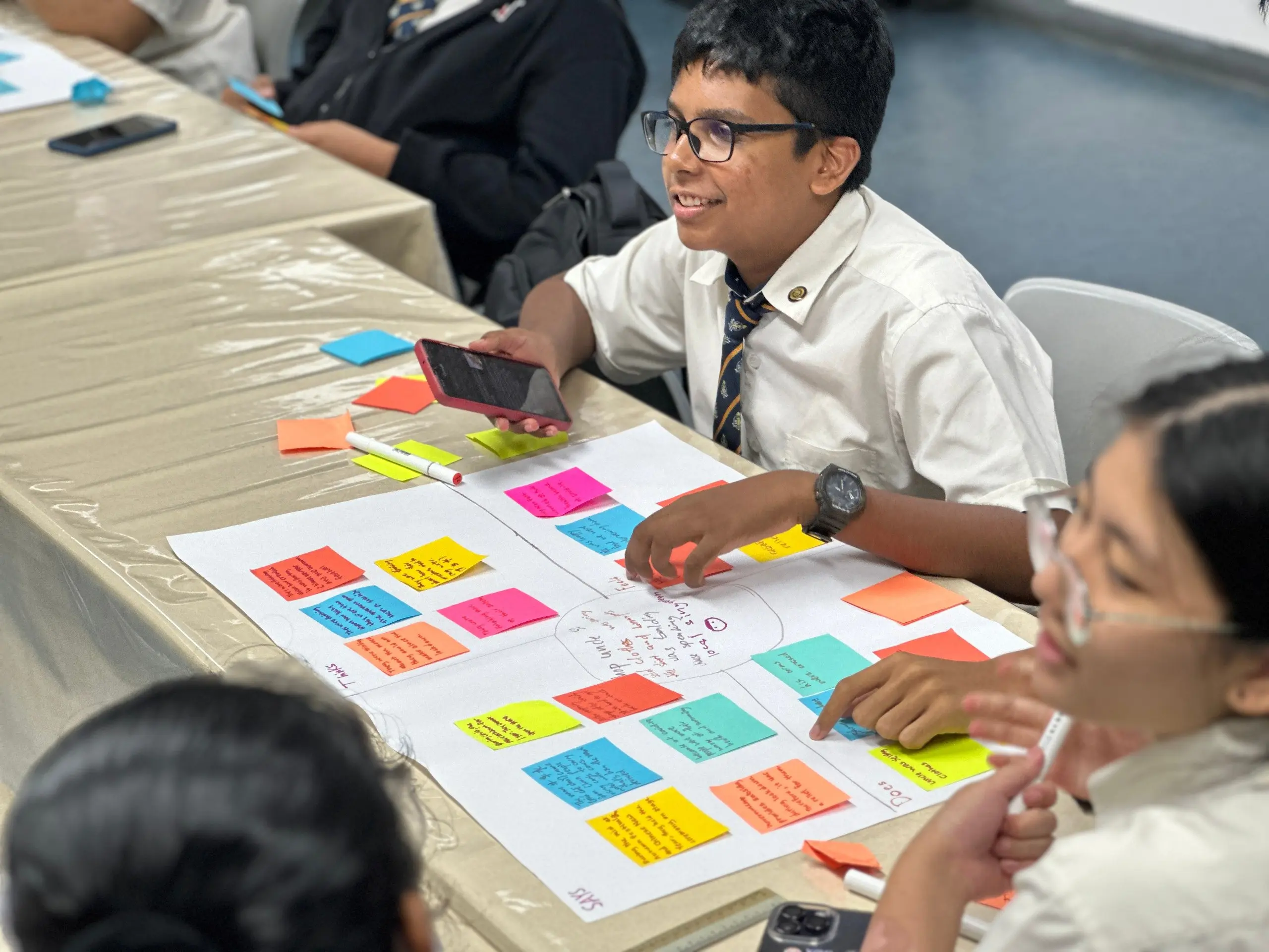 Singapore secondary school students completing an empathy map with colourful sticky notes during a design thinking workshop