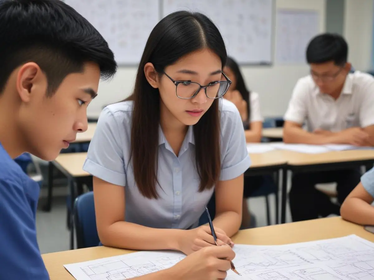 HOD and design thinking facilitator reviewing student empathy maps and space briefs in a Singapore secondary school classroom