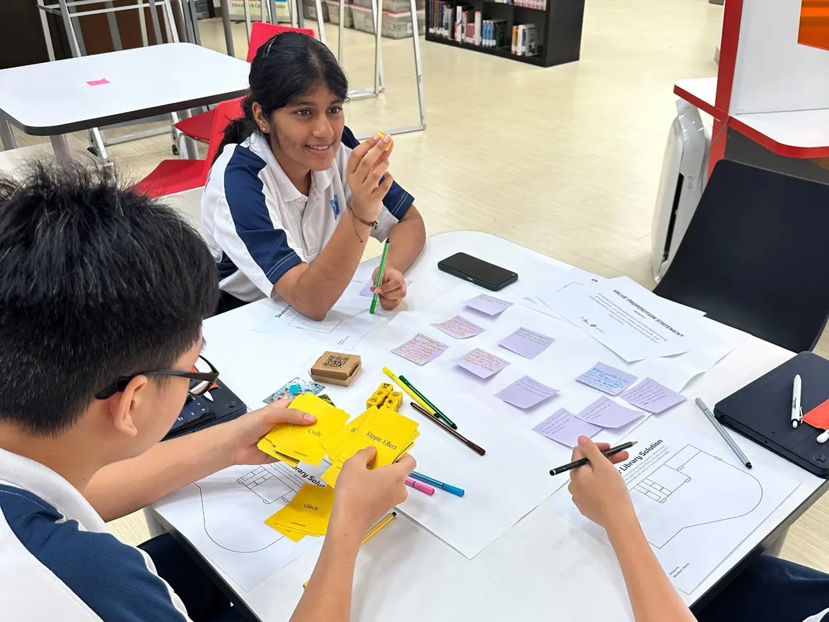 Secondary school students using Random Cards and Idea Dice in a design thinking ideation workshop