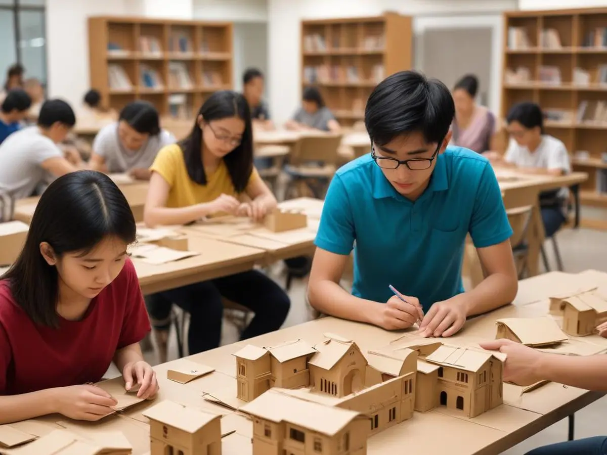 Student teams building scaled cardboard models of a library space redesign during a design thinking prototyping session
