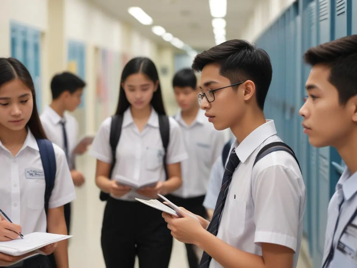 Singapore secondary school students conducting empathy interviews in a school corridor during a design thinking workshop