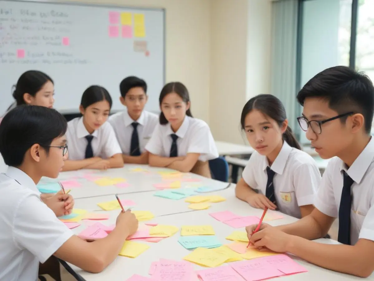 Singapore secondary school students writing How Might We statements during a design thinking workshop