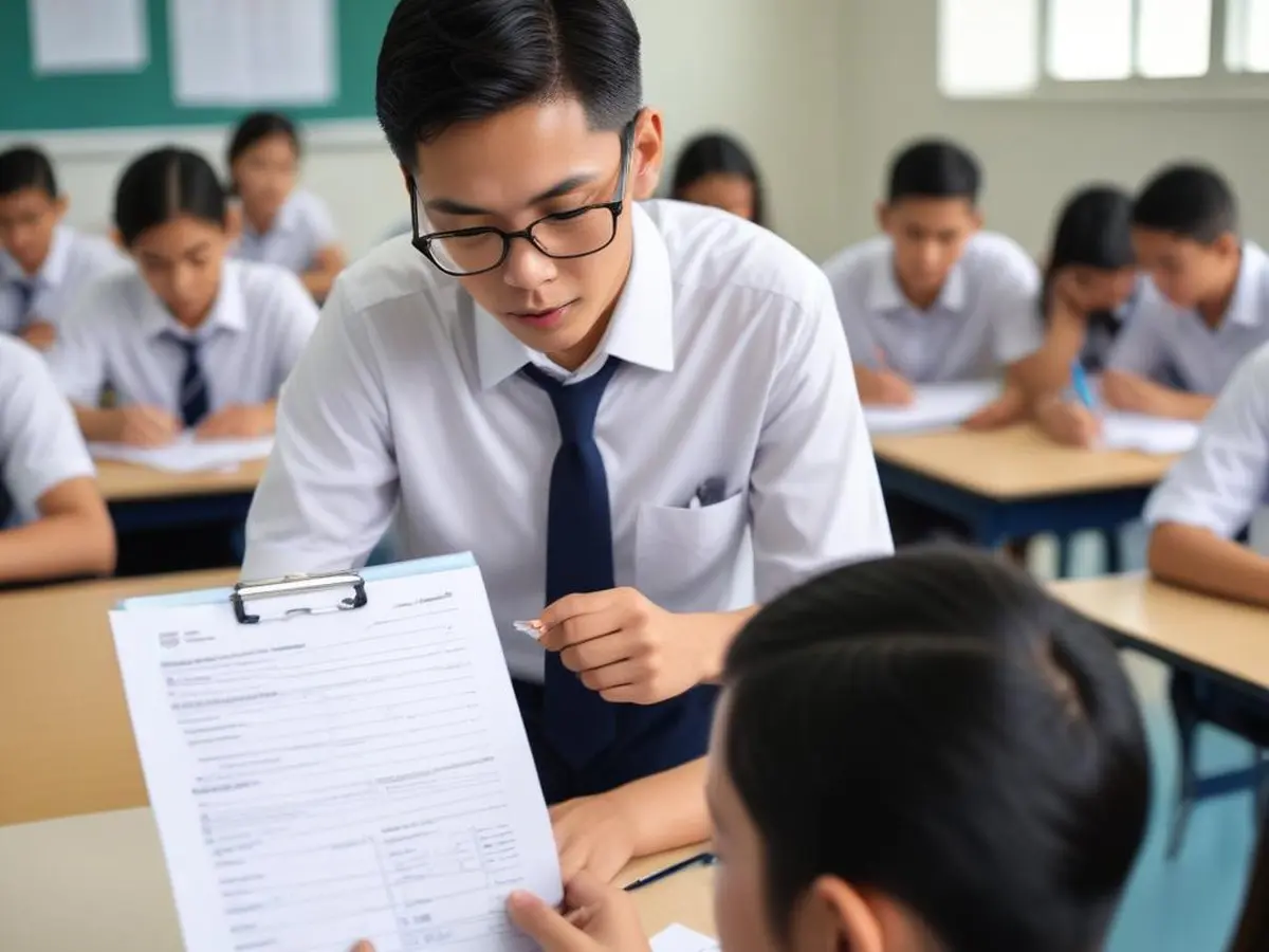Singapore secondary school HOD reviewing an enrichment programme and ALP provider checklist with students working collaboratively in the background
