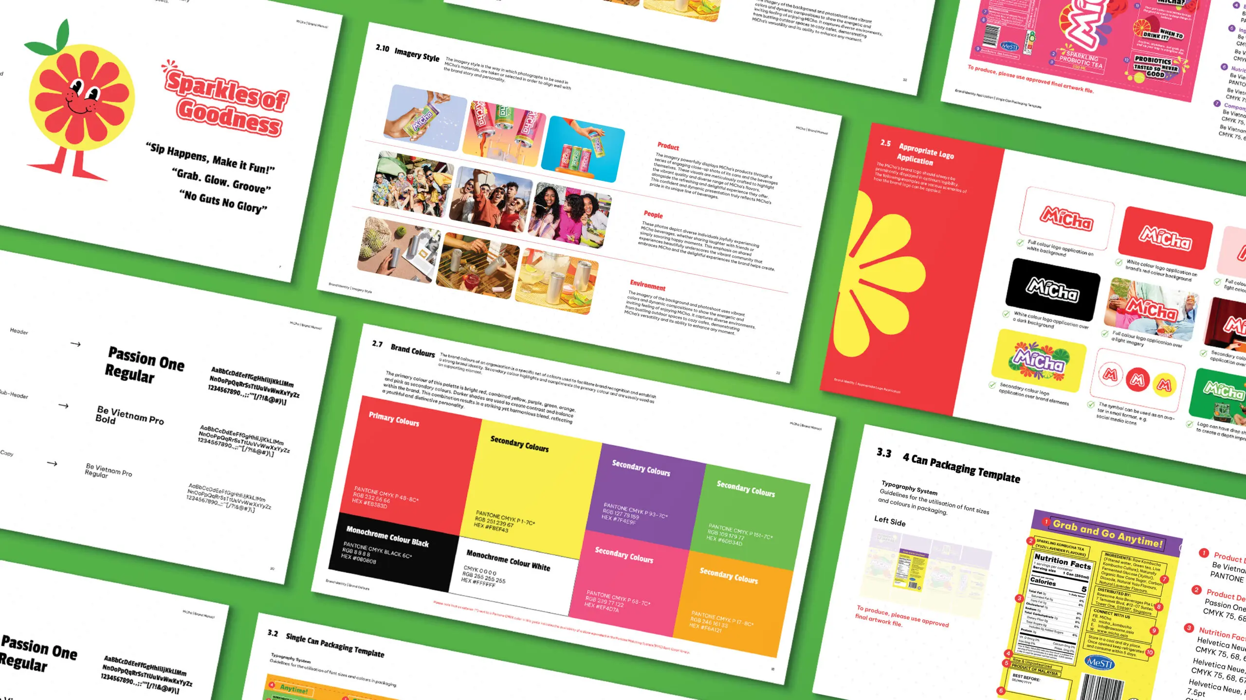 Collage of brand guidelines pages featuring the Micha logo, color palette, typography, and packaging templates on a bright green background.