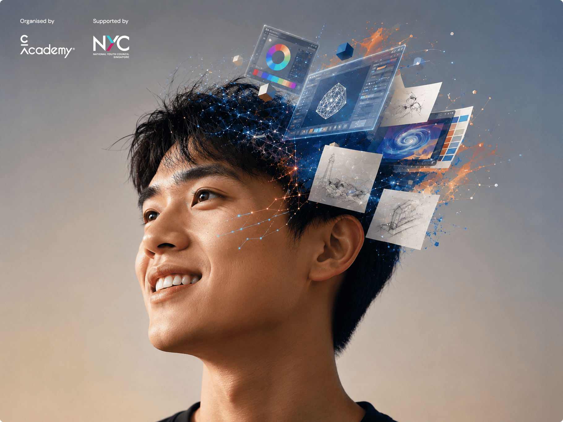 Young person smiling as futuristic digital graphics float around their head, with floating screens and color swatches symbolizing creativity and technology.