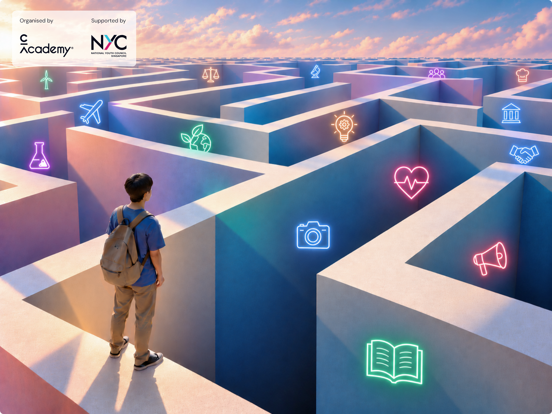 Student with backpack stands at the edge of a neon-lit maze of blue walls, glowing education icons (book, microscope, heart, camera) in view; logos in the top-left corner.