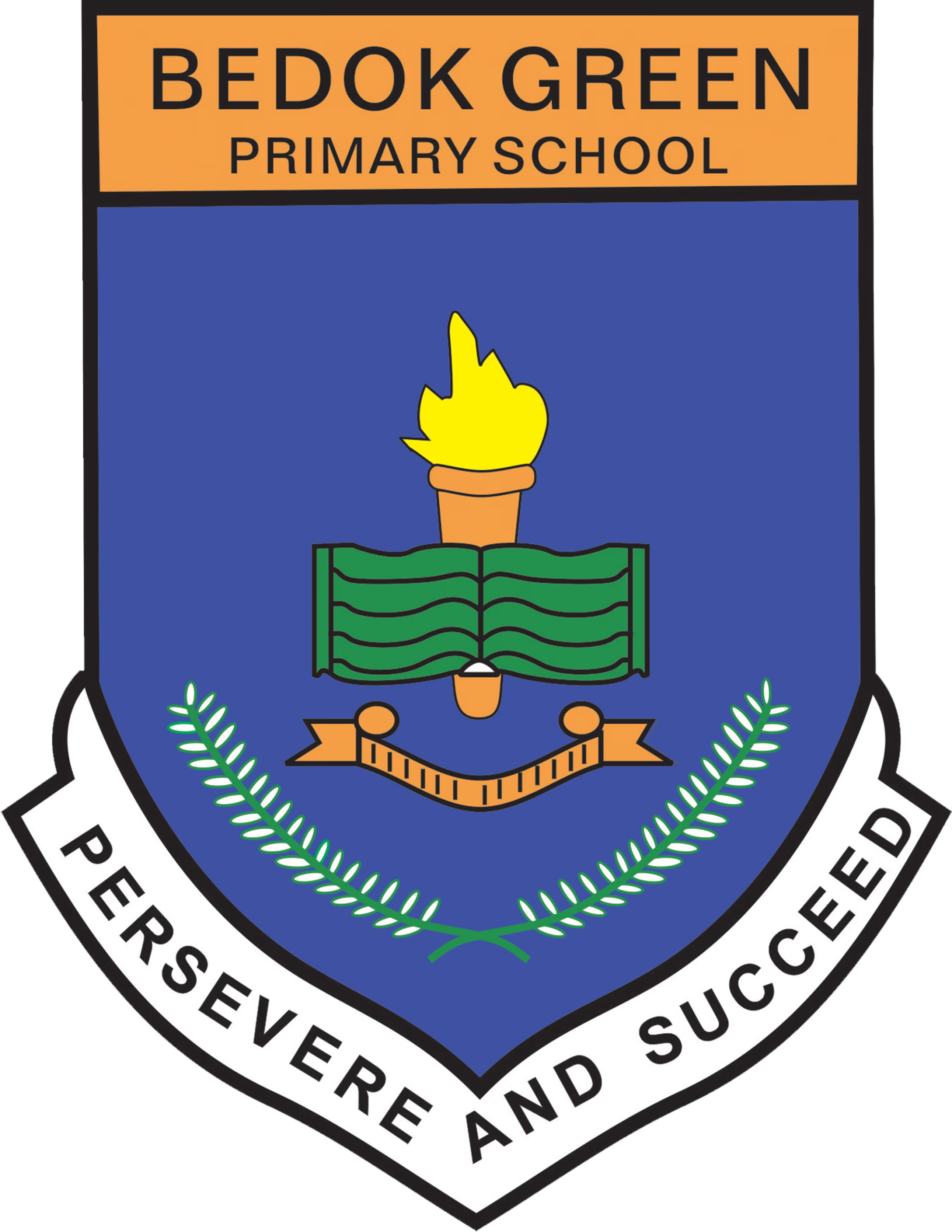 School Crest High Resolution - C-Academy Bedok Green Primary School crest with an orange banner, blue shield, flame, open book, and laurel branches”